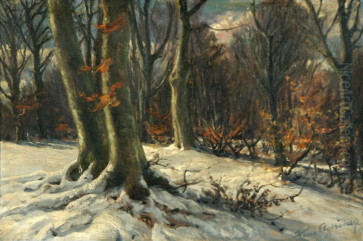 A winter day in the woods. Oil Painting by Hans Agersnap A winter day in the woods. Oil Painting by Hans Agersnap