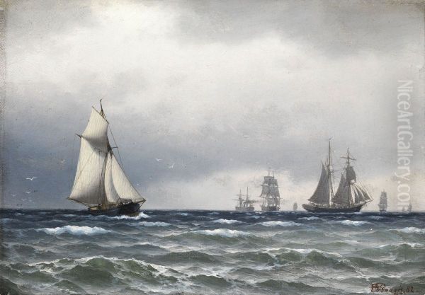 Ships at sea on a cloudy day. Oil Painting by Carl Baagoe