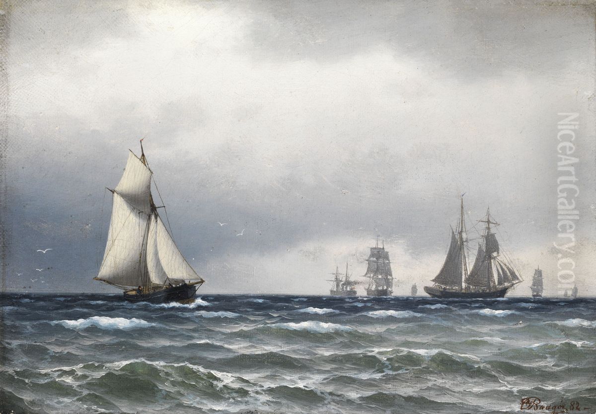 Skibe pa havet pa en skyet dag. Oil Painting by Carl Baagoe