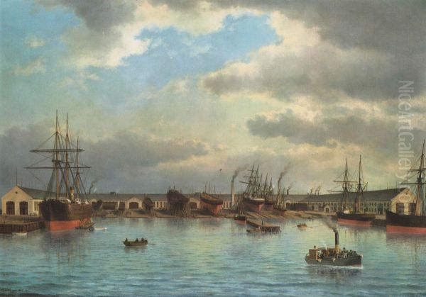 The Burmeister & Wain shipyard at Refshaleoen, Copenhagen. Oil Painting by Carl Baagoe
