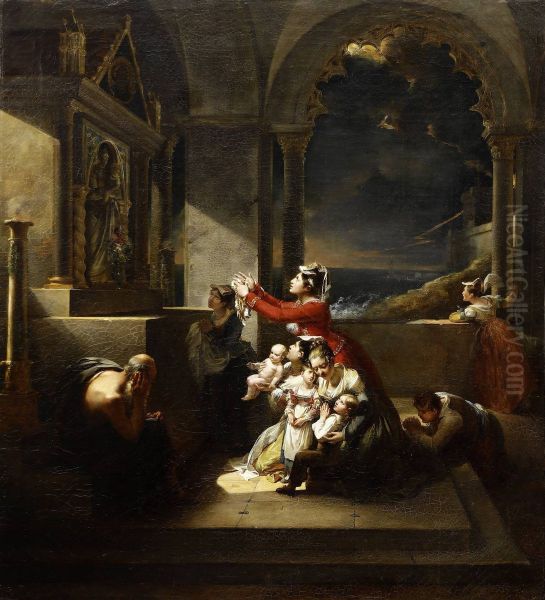 Voeu a la Madone pendant un orage Oil Painting by Hortense Haudebourt-Lescot