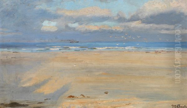 Skagen strand. Et skib i horisonten. Oil Painting by Michael Peter Ancher