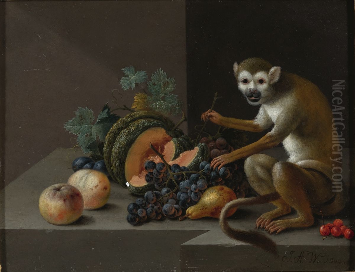 Ein Affe mit Weintrauben, Pfirsichen, einer Melone und anderen Fruchten auf einem Steinsims Oil Painting by Johann Amandus Winck