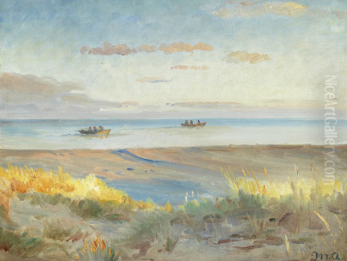 View from the beach in Skagen in evening sun. Fishermen in rowing boats on the sea.. Oil Painting by Michael Peter Ancher