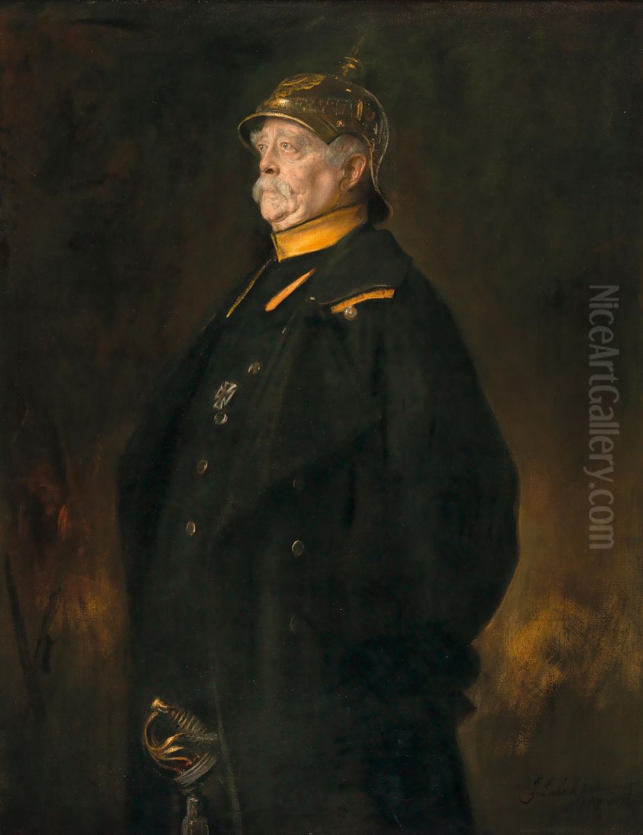Portrait of Prince Otto von Bismarck (1815-1898) in the Uniform of His Halberstadt Cuirassier Regiment with Helmet and Sword Oil Painting by Lenbach Franz Von