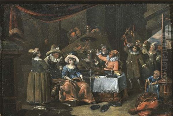The Sense of Taste; Elegant company eating and drinking Oil Painting by Francois Xaver Henri Verbeeck