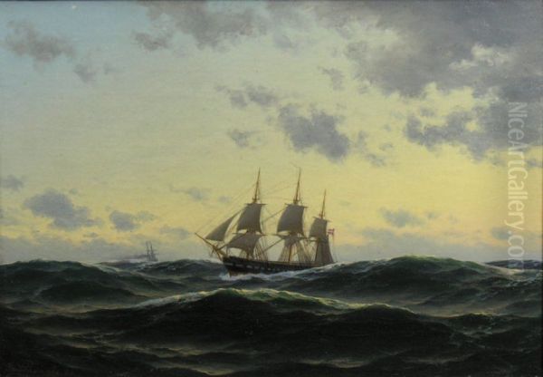 Ships at sea as evening approaches. Oil Painting by Carl Baagoe