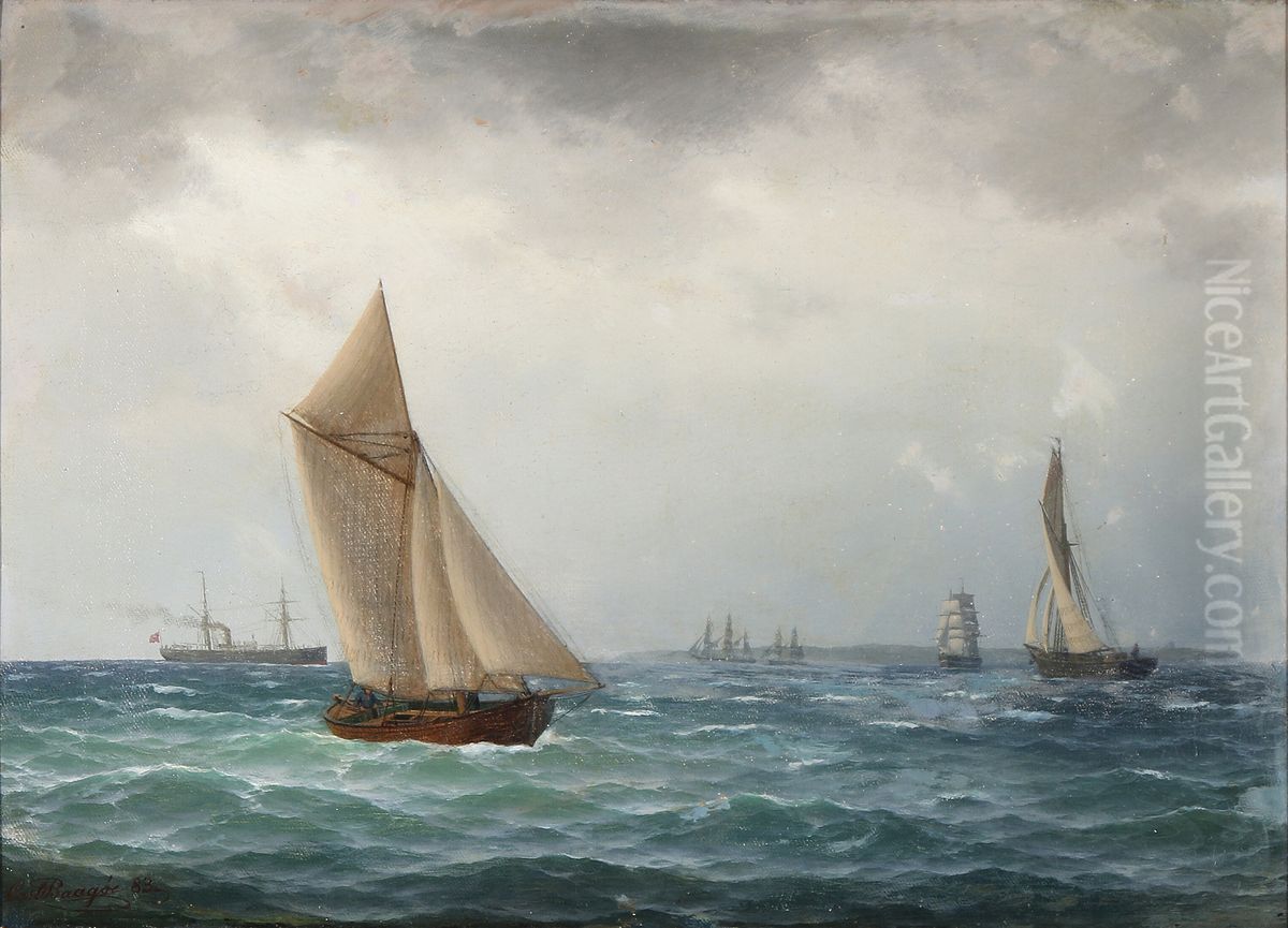 Marinemotiv med sejlbade og dampskib. Oil Painting by Carl Baagoe