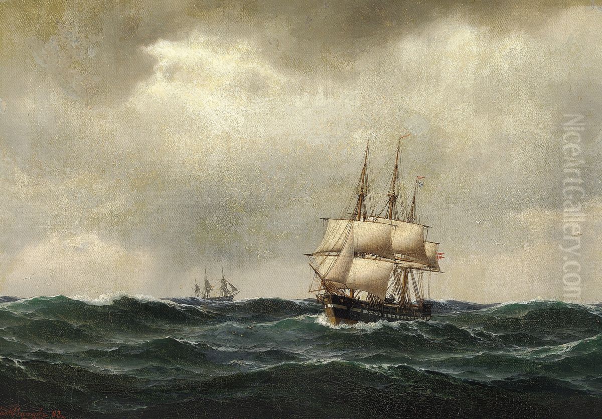 Sejlskibe pa havet i overskyet vejr. Oil Painting by Carl Baagoe