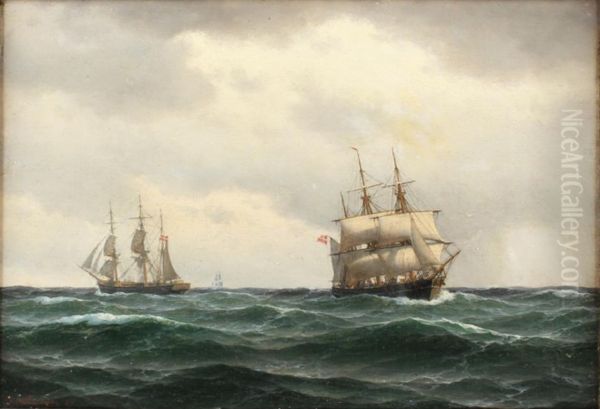 Danish sailing ships at sea. 1884. Oil Painting by Carl Baagoe