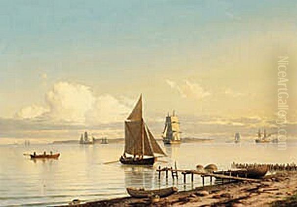 The sea at Humlebaek with a view of Hven. Oil Painting by Carl Baagoe