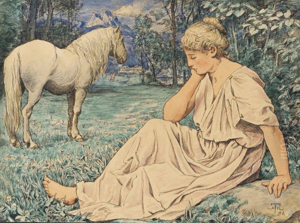 Schimmel und Sitzende Oil Painting by Hans Thoma