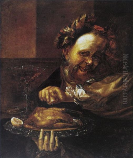 A bearded man squeezing a lemon over a roasted bird on a plate Oil Painting by Daniel Boone