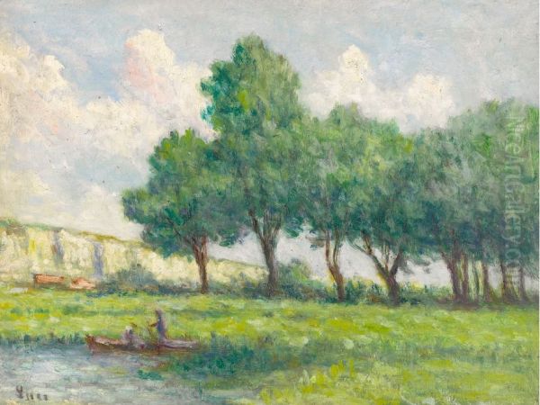 BARQUE PRES DE ROLLEBOISE Oil Painting by Maximilien Luce