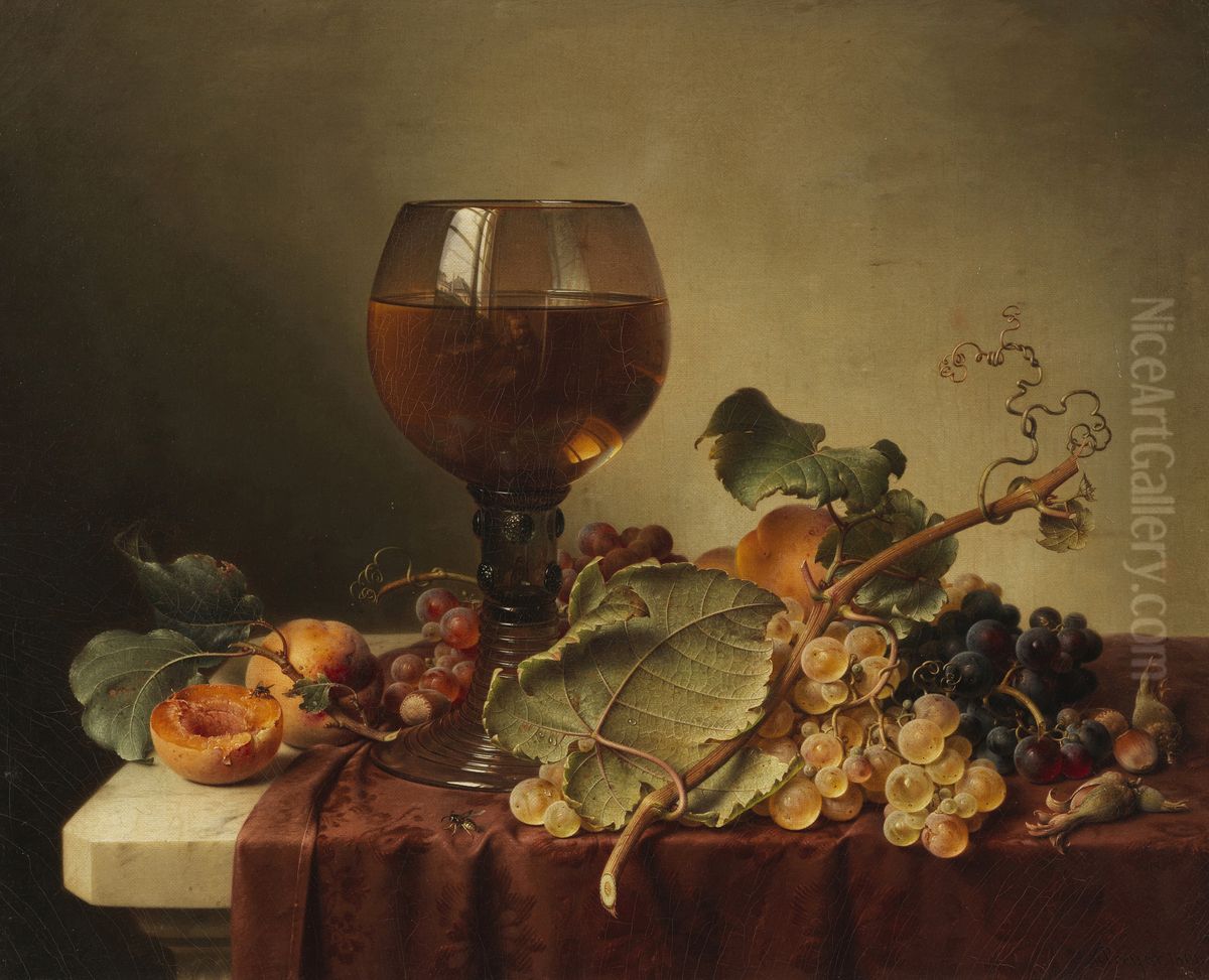 Still life with self-portrait in a wine glass and fruits Oil Painting by Johann Wilhelm Preyer