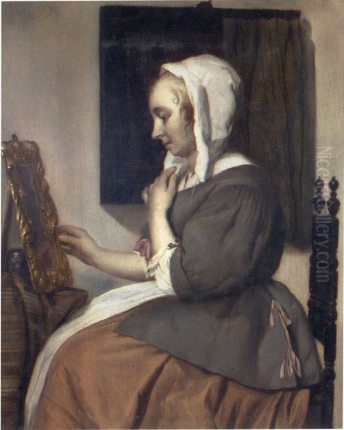 Young woman in front of a mirror Oil Painting by Gabriel Metsu