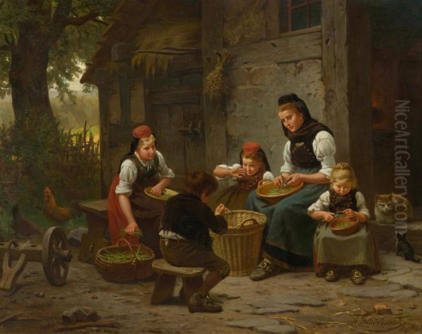 Mutter und Kinder vor einem Haus Oil Painting by Hermann Sondermann