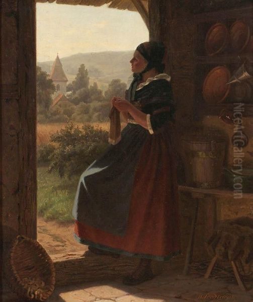 Knitting girl Oil Painting by Hermann Sondermann