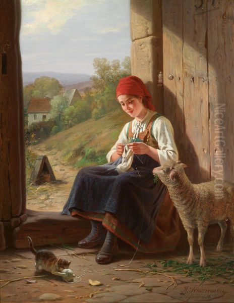 Knitting girl with kitten Oil Painting by Hermann Sondermann