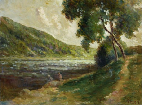 LES BORDS DE LA SEINE AUX ENVIRONS DE ROLLEBOISE Oil Painting by Maximilien Luce