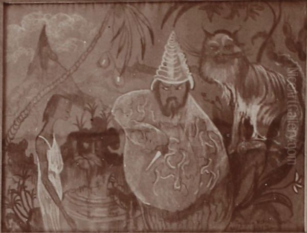 Tropikalny pejzaz z kotem Oil Painting by Stanislaw Ignacy Witkiewicz