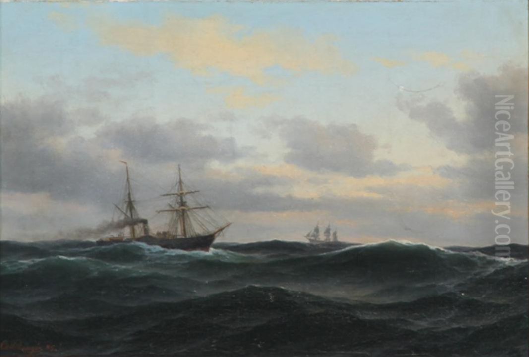 Hjuldamper i hard so. Oil Painting by Carl Baagoe