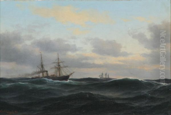 Paddle steamer in a gale. Oil Painting by Carl Baagoe