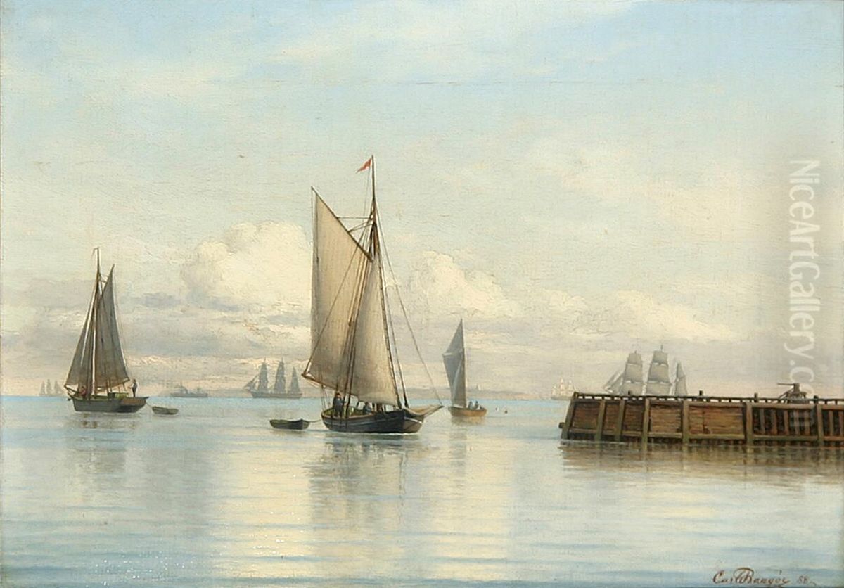 A cutter and numerous other sailing ships. Oil Painting by Carl Baagoe