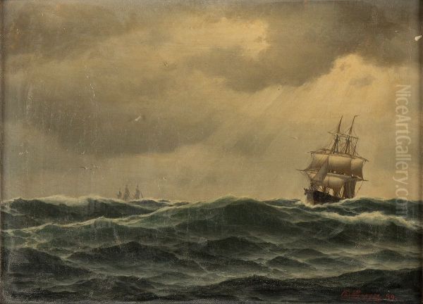 Skibe til havs. Oil Painting by Carl Baagoe