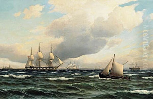 Dansk skruefregat og andre skibe pa Sundet. Oil Painting by Carl Baagoe