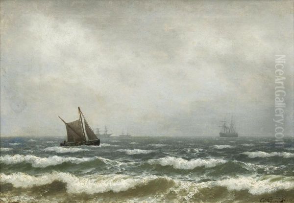 Ships at sea on an cloudy day. Oil Painting by Carl Baagoe
