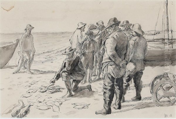 Fangsten deles. Forstudie. Oil Painting by Michael Peter Ancher