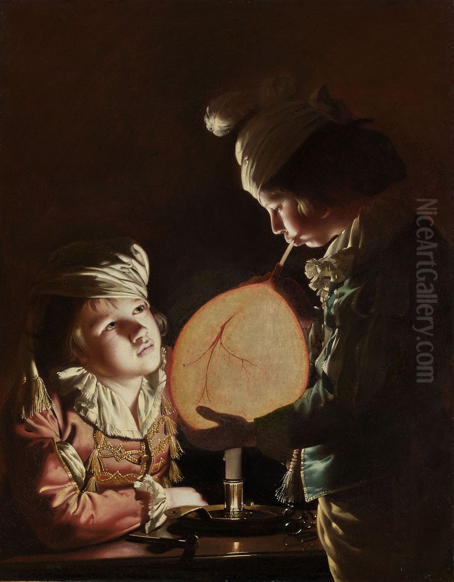 Two Boys with a Bladder Oil Painting by Joseph Wright of Derby