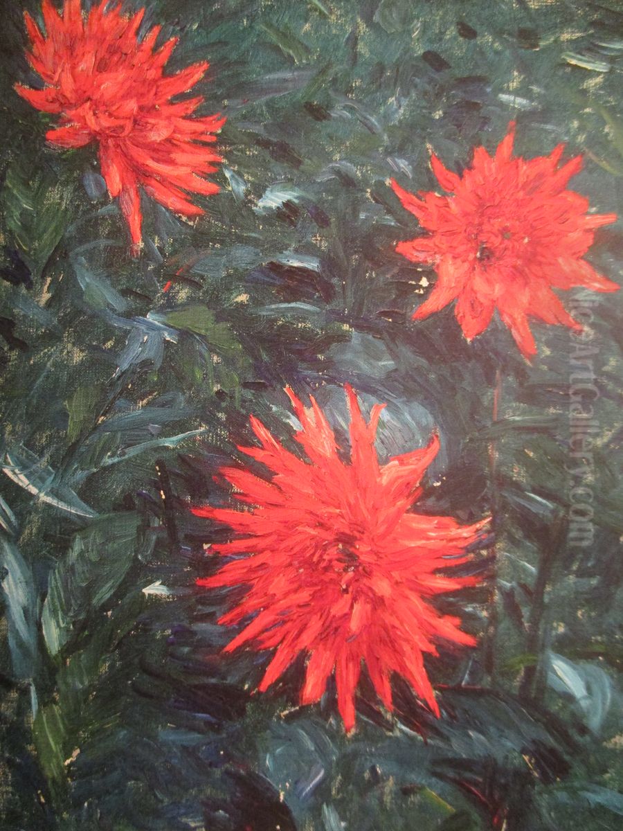 Dahlias cactus rouges Oil Painting by unknown