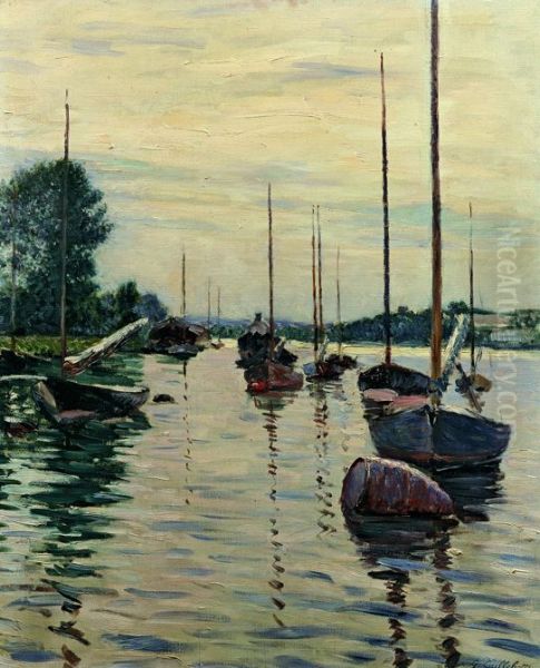 Bateaux amarres sur la Seine Oil Painting by Gustave Caillebotte
