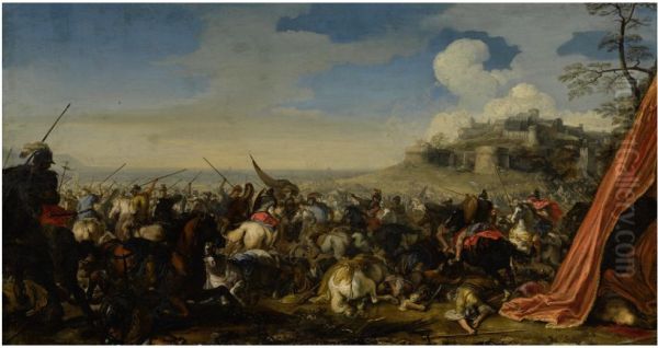 A BATTLE SCENE WITH SOLDIERS ON HORSEBACK, A WALLED CITY RAISED ON A HILL BEYOND Oil Painting by Jacques Courtois