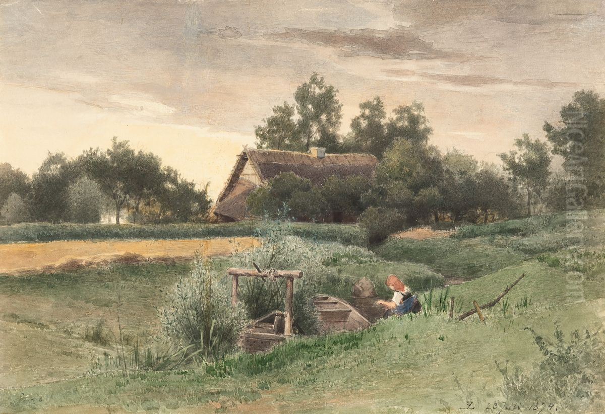Landscape with watermill and staffage Oil Painting by Eduard Leonhardi