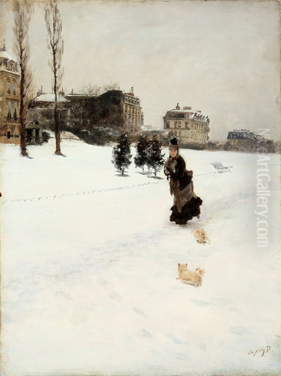 On the snowy path Oil Painting by Giuseppe de Nittis