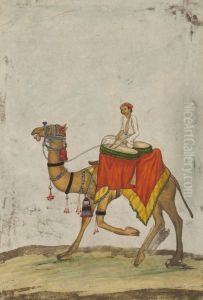 A camel with its rider playing kettle drums