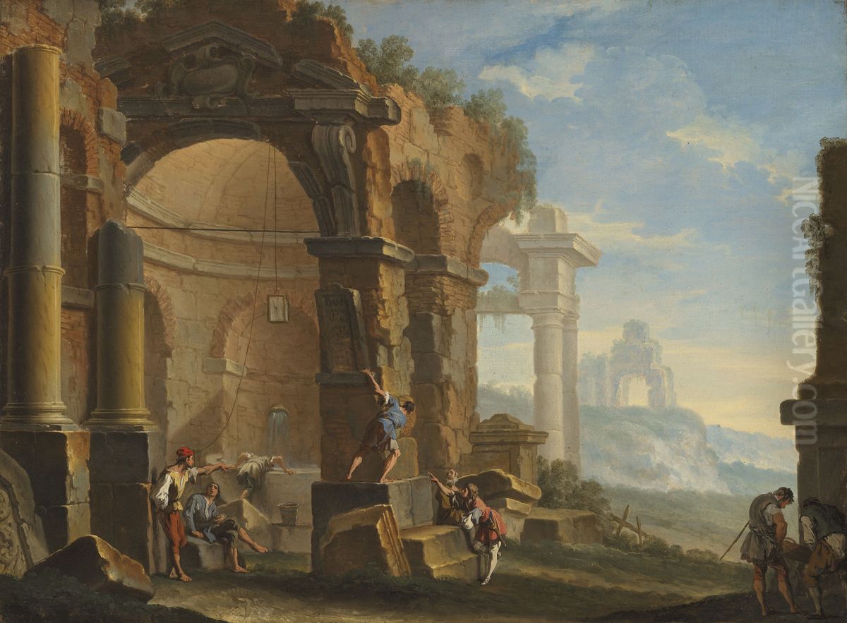 A capriccio with figures conversing by classical ruins Oil Painting by Sebastiano Ricci