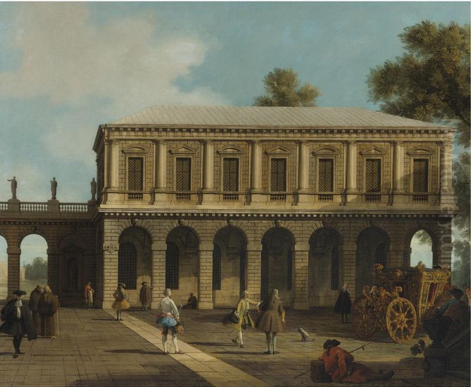 A Capriccio of the prisons of San Marco set in a piazza with a coach and townsfolk Oil Painting by Canaletto