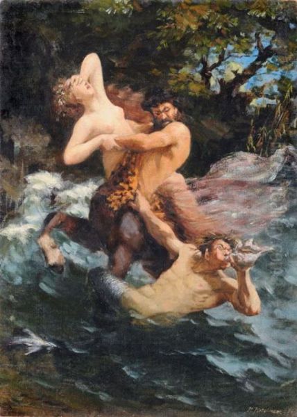 A centaur kidnaps a nymph while the sea god Triton sounds the alarm Oil Painting by Max Pietschmann