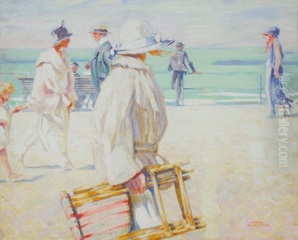 Wandelaars op de zeedijk Oil Painting by Franz Gailliard