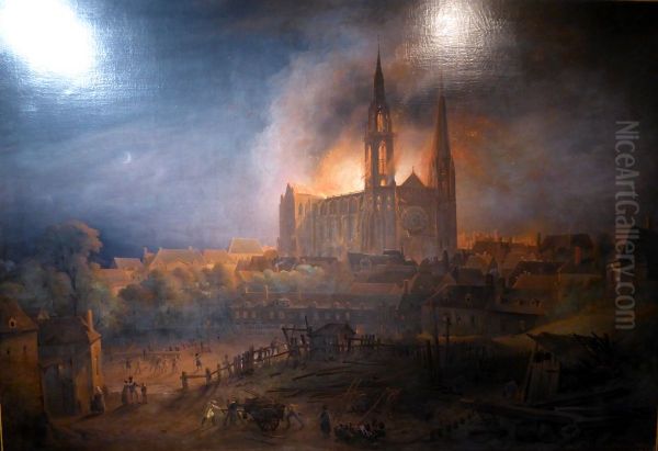 Fire at Chartres Cathedral, 4 June 1836 Oil Painting by Francois Alexandre Pernot