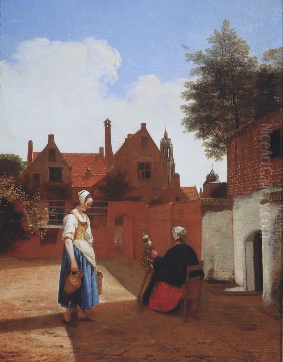 a Woman spinning Oil Painting by Pieter De Hooch