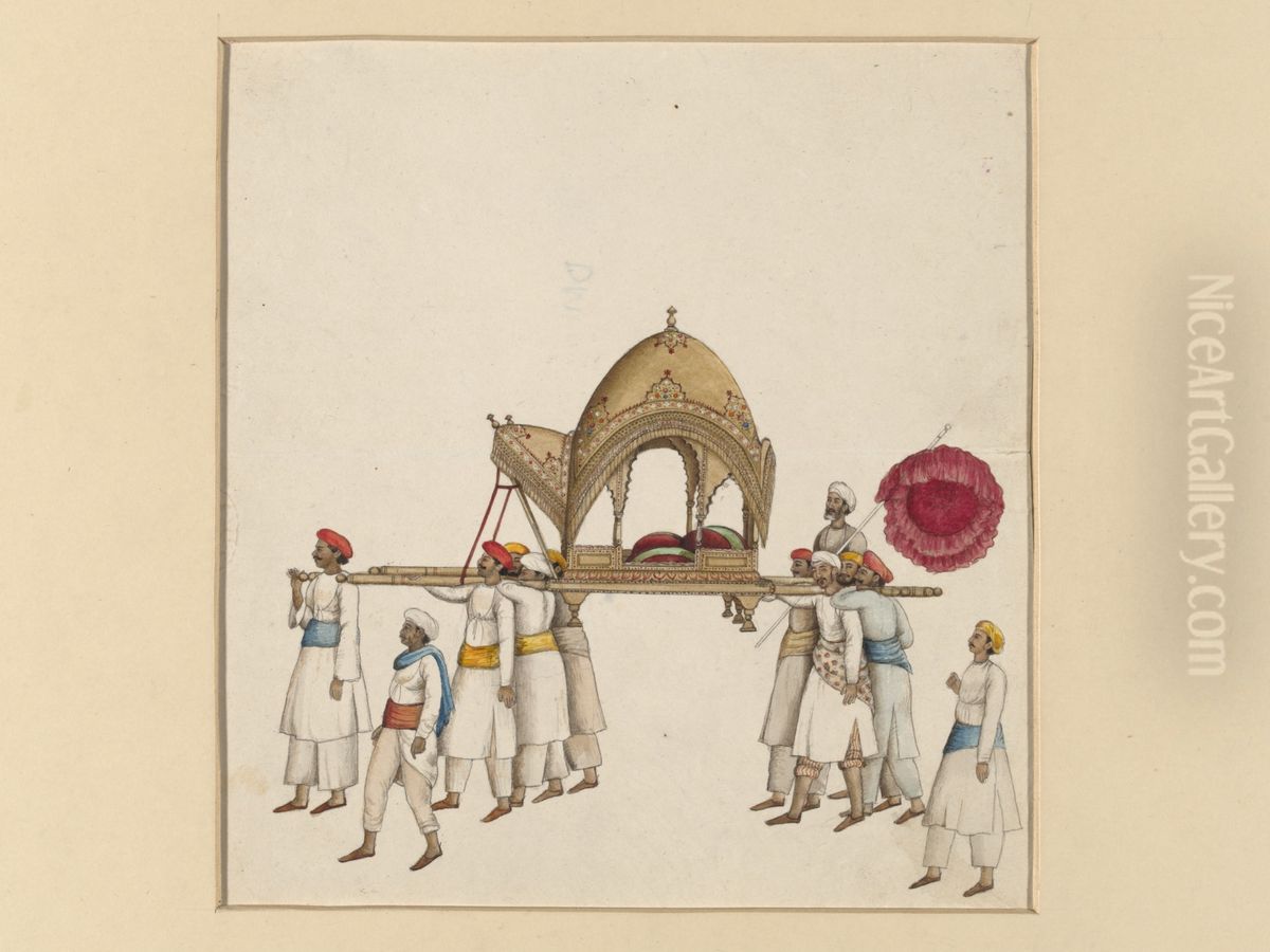 A covered sedan chair being carried by eight or nine men, wearing white with various coloured sashes and turbans Oil Painting by Mazhar Ali Khan