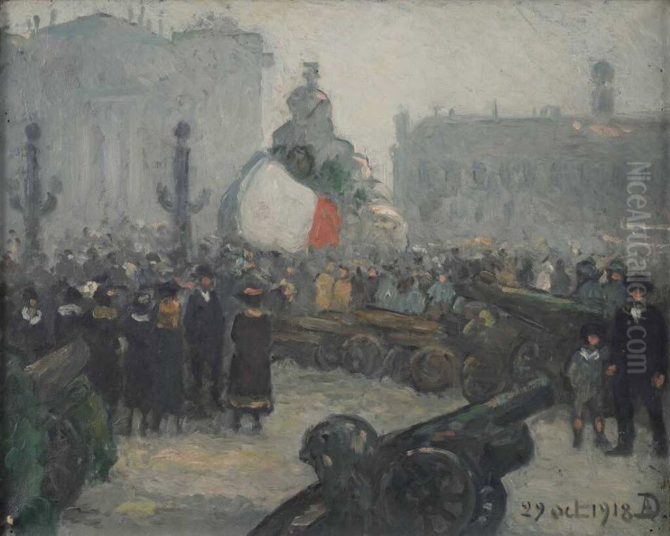 La statue de Strasbourg, Place de la Concorde, Paris, le 29 oct. 1918 Oil Painting by Angele Delasalle