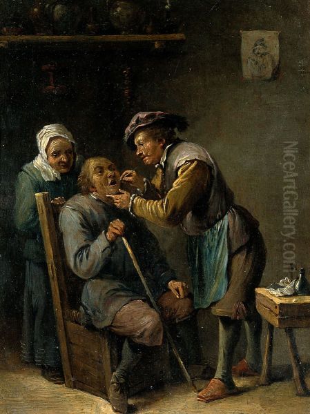 A dental surgeon treating a seated man. Oil Painting by David Teniers the Younger