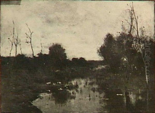 Sloot met wilgen. Oil Painting by Geo Poggenbeek