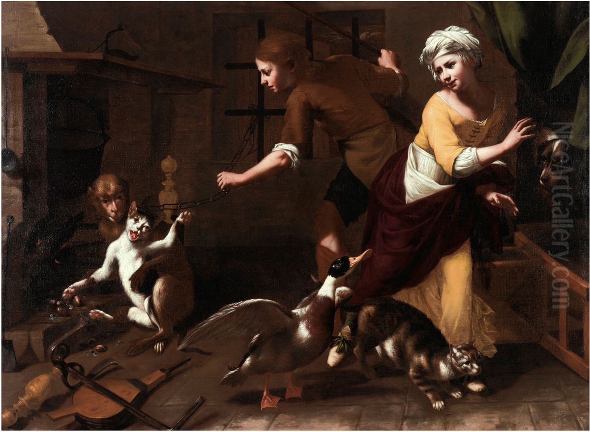 The Cat, the Monkey and the Chestnuts Oil Painting by Tommaso Salini